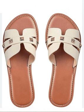 Cream Flat Slide Sandals with Woven Straps